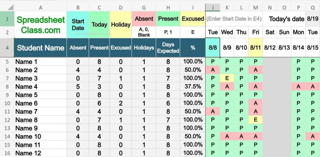 Example of the Excel calculated attendance tracker template