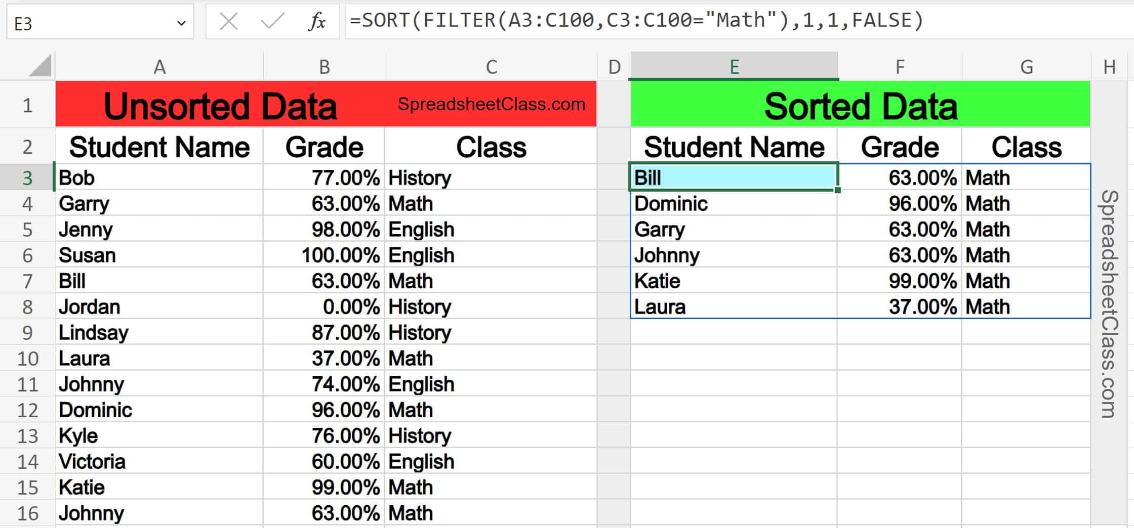 Example of the Excel SORT FILTER nested formula spreadsheetclass.com
