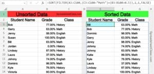Example of the Excel SORT FILTER nested formula, sorting and filtering by multiple conditions (OR logic)