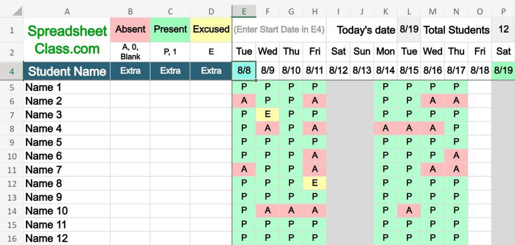 Example of the Excel Simple Attendance Tracker Template