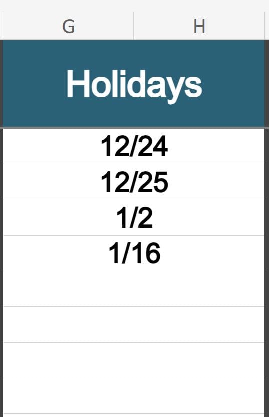 Example of the Excel attendance tracker template settings for holidays