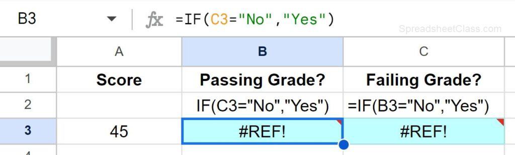 Example of the circular dependency detected error in Google Sheets where the formulas depend on each other (before fixing formula)