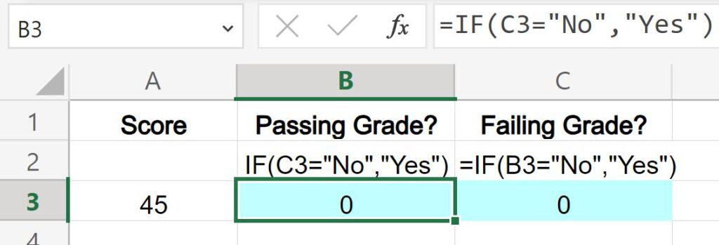 Example of the circular reference error in Excel where the formulas depend on each other (before fixing formula)