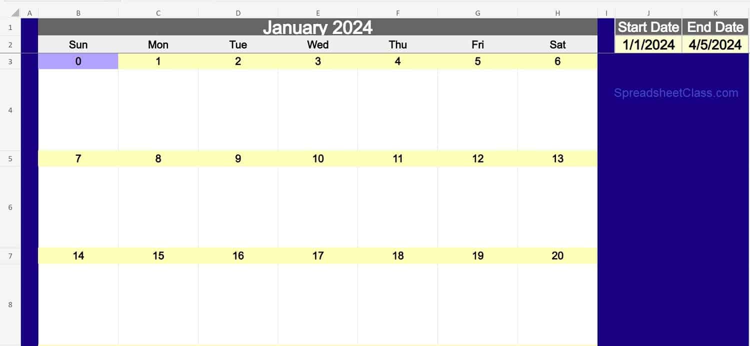 Example of the Full sized monthly calendar template automatic version in Excel