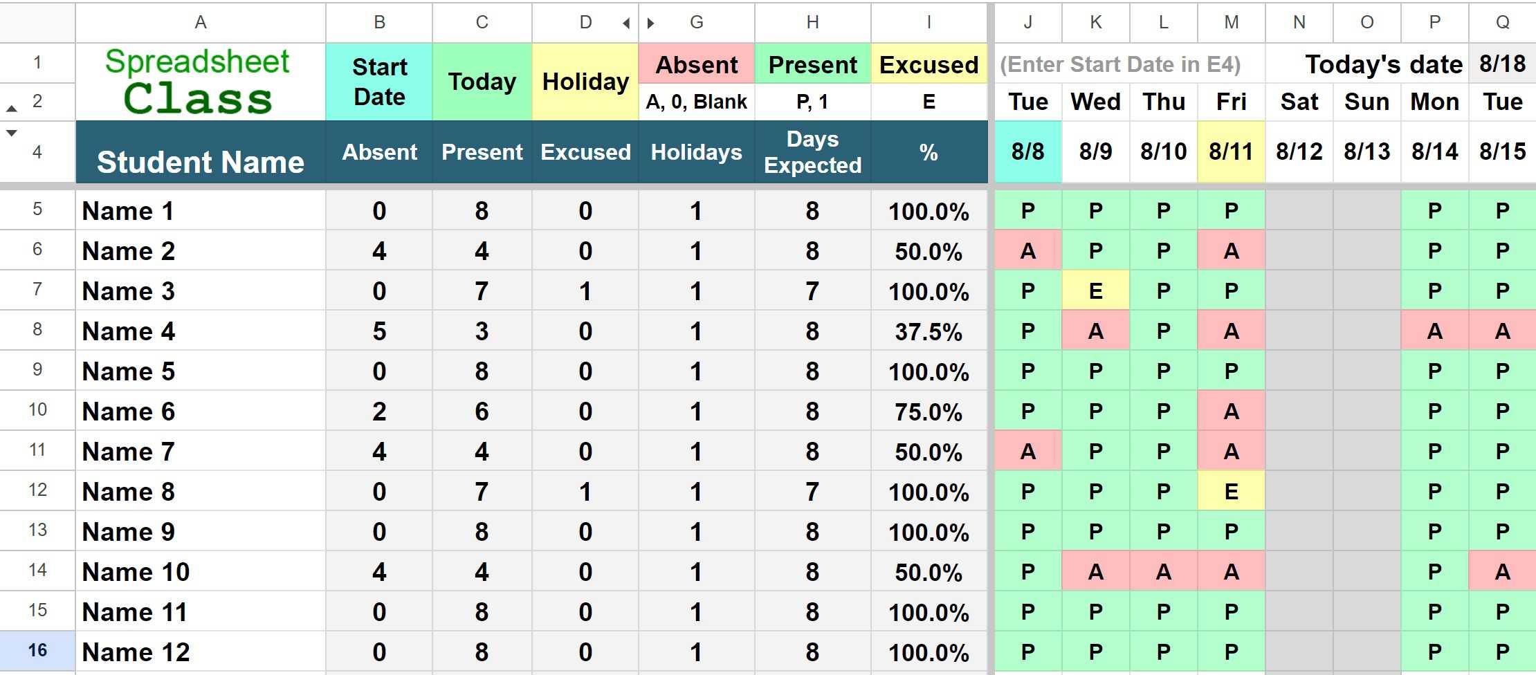 An example of the Google Sheets Calculated Attendance Tracker Template  with custom weekend shading (NEW version)