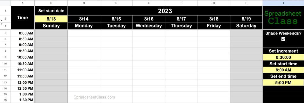 Example of the Google Sheets Daily Schedule template (Scheduling calendar planner)