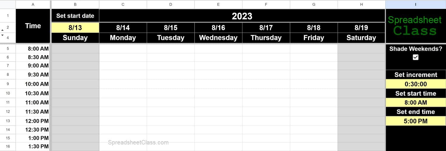 Example of the Google Sheets Daily Schedule template calendar planner image for calendar templates page