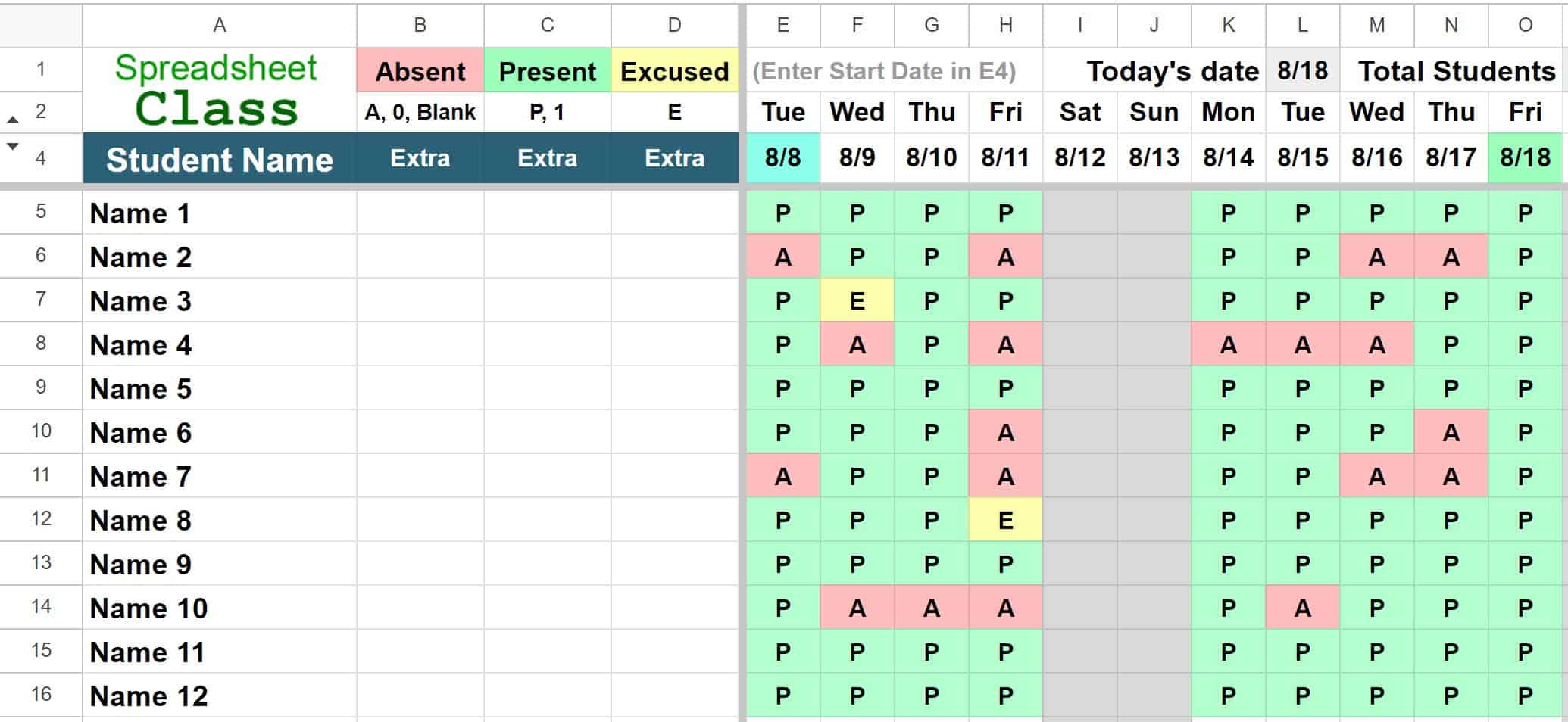 An example of the Google Sheets Simple Attendance Tracker Template (NEW version)