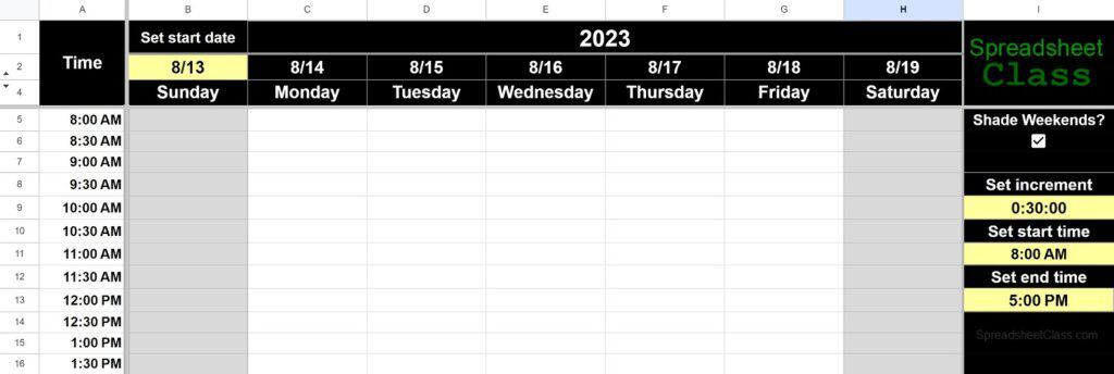 Example of the Google Sheets Weekly Schedule template (Scheduling calendar planner)