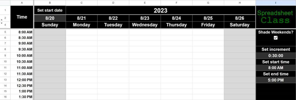 Example of the Google Sheets Weekly Schedule template part 2 week 2