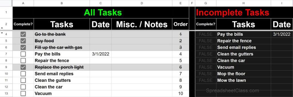Example of the Google Sheets automatic checklist template to-do list, with complete tasks and incomplete tasks automatically generated