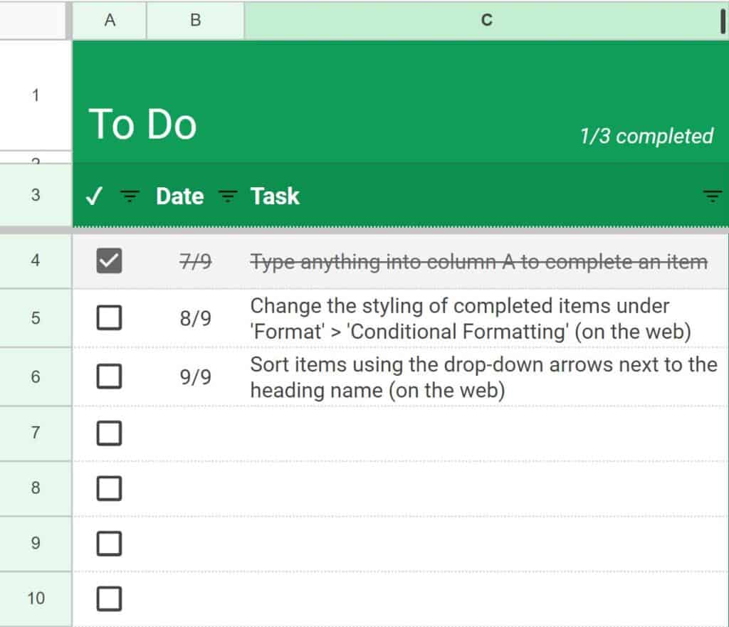 Example of the Google Sheets to do list template (Checklist template from the template gallery)