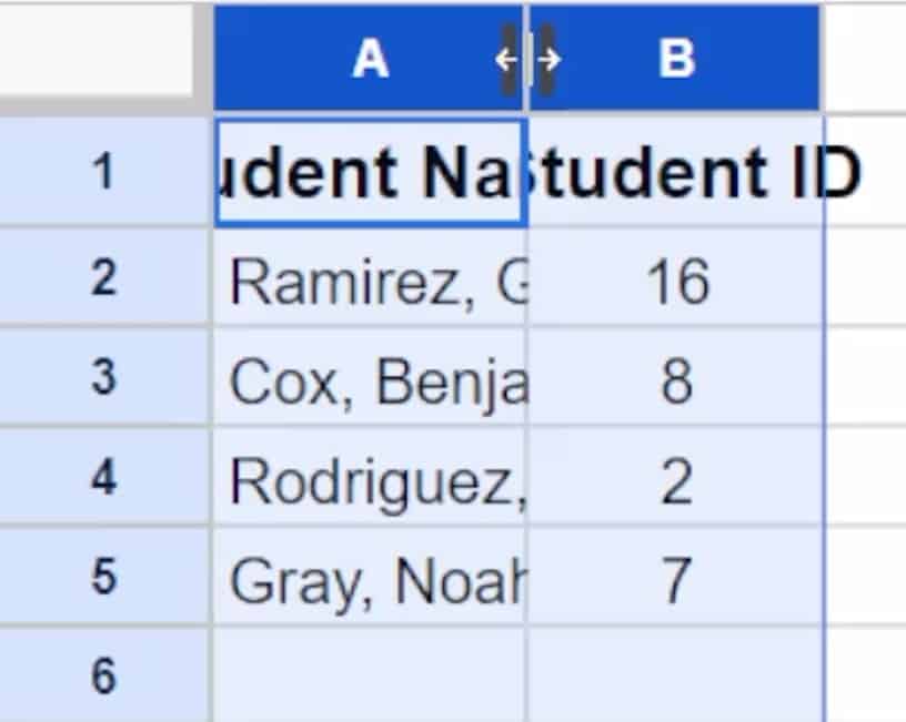 Example of how to autofit column width in Google Sheets with columns selected and double arrows for resizing appearing at the top of the column (before double-clicking)