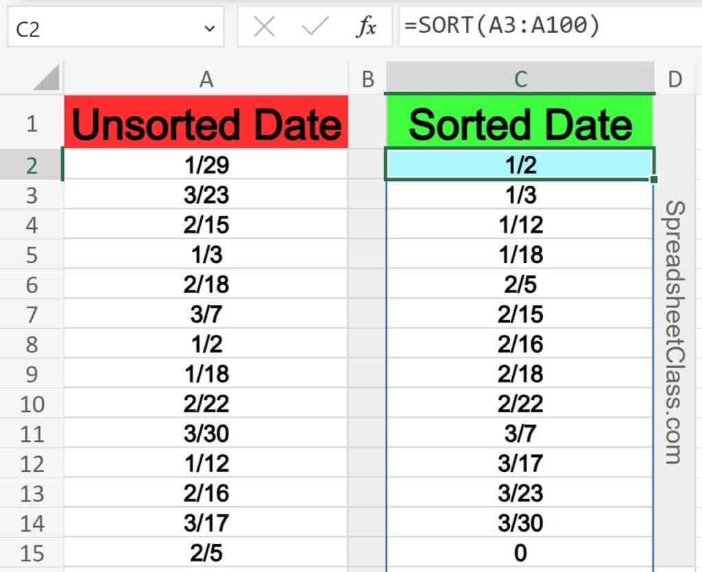 Example of how to sort by date in Excel with the SORT function
