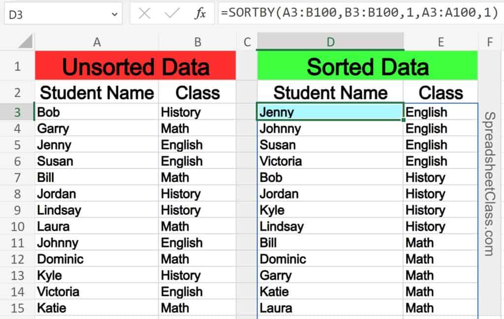 Example of how to sort by multiple columns with the Excel SORTBY function
