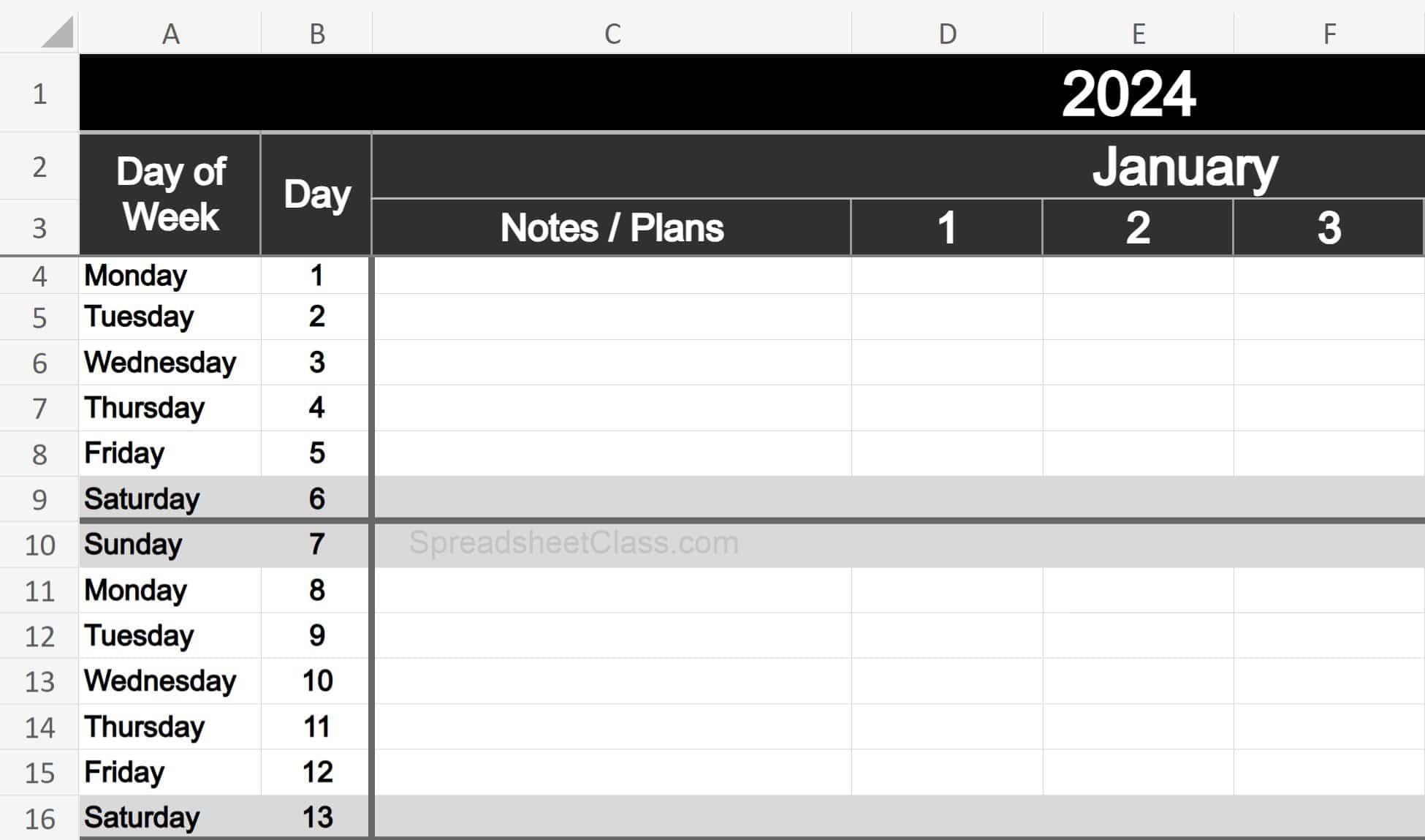 Example of the Monthly Calendar list template (Calendar / planner template) for Excel