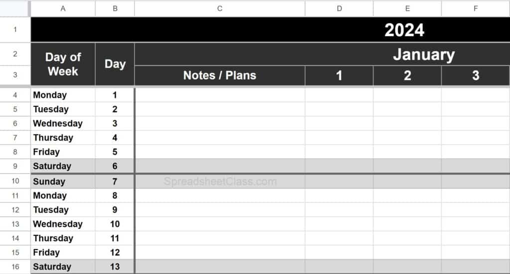 Example of the monthly calendar list template planner for the Google Sheets schedule templates page