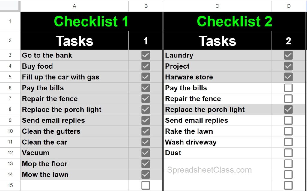 Example of the multiple checklist template for Google Sheets (multiple to-do list template)