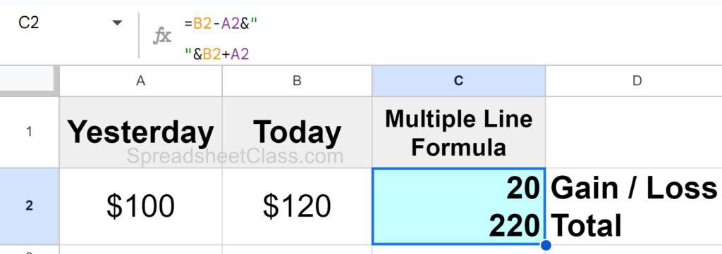 Example of using multiple formulas in one cell in Google Sheets by using new line for each formula