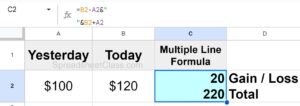 Example of using multiple formulas in one cell in Google Sheets by using new line for each formula