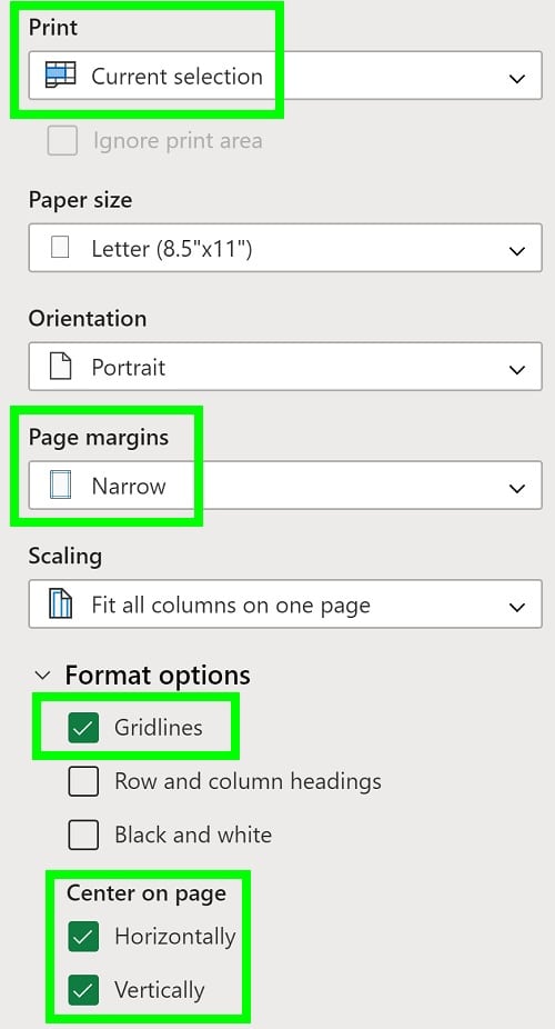 An example of printing current selection plus adjusting margins plus selecting gridlines plus centering on page to print graph paper in Excel