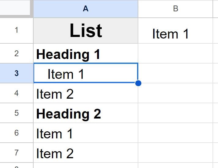 Example of quickly applying indent formatting to cells in Google Sheets part 2 after using paint format