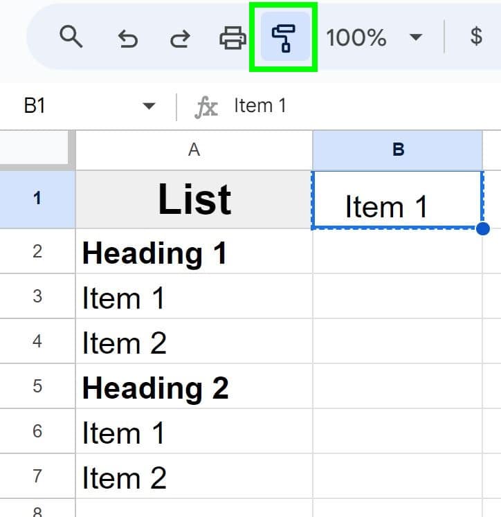 Example of quickly applying indent formatting to cells in Google Sheets