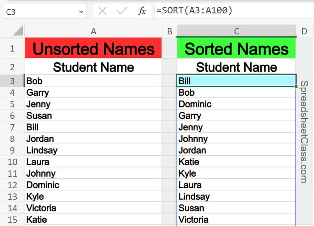 Example of using the SORT function in Excel super simple example of sorting a single column of names