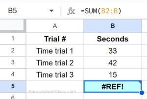 Example of the circular dependency detected error in Google Sheets where the selected range contains the formula (before fixing formula)