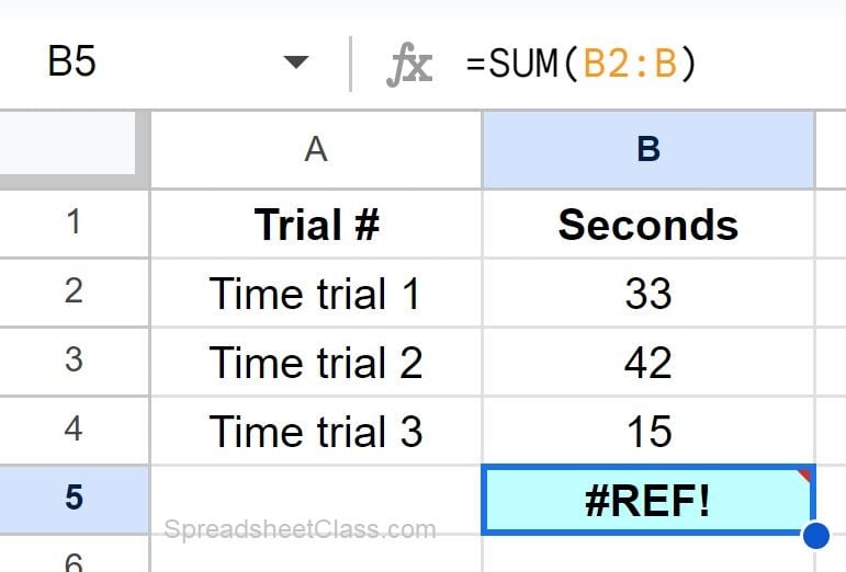 Example of the circular dependency detected error in Google Sheets where the selected range contains the formula (before fixing formula)