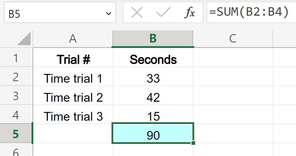 Example of the circular reference error in Excel where the selected range contains the formula (after fixing formula)