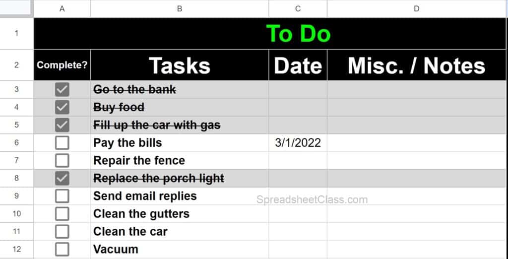 Example of the simple To-do list template (Simple checklist template) for Google Sheets