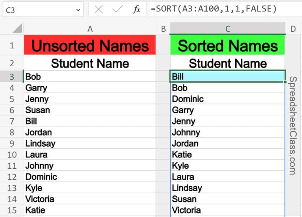 A simple example of using the Excel SORT function to sort a single column of names in ascending order, with column referenced