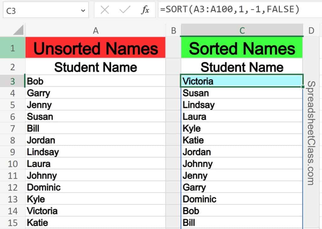 A simple example of using the Excel SORT function to sort a single column of names in descending order