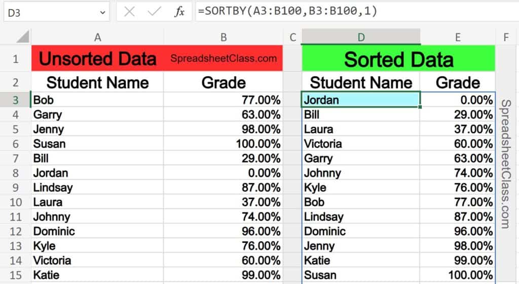 Example of how to sort by range with the SORTBY function in Excel
