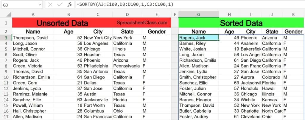 Example of sorting demographics data by 2 columns. Sort by state then by city in ascending order example of Excel SORTBY function