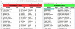 Example of sorting demographics data by 2 columns. Sort by state then by city in ascending order example of Excel SORTBY function