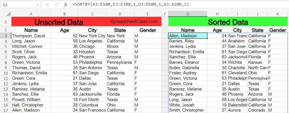 Example of sorting demographics data by multiple columns. Sort by gender then by state then by city in ascending order example of Excel SORTBY function