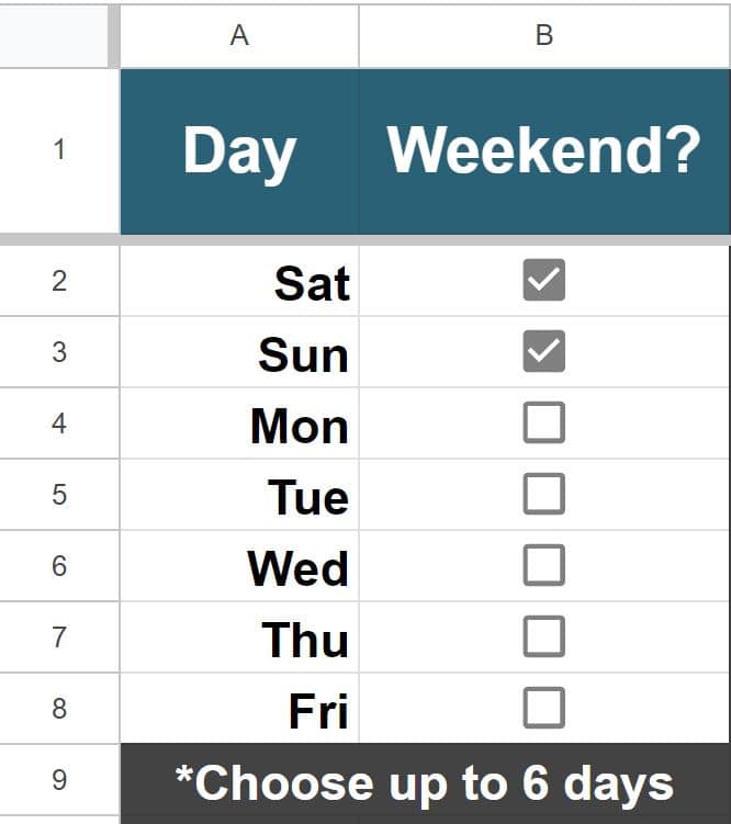 An example of the SpreadsheetClass.com attendance tracker template settings for weekends choose up to 6 days (NEW version)