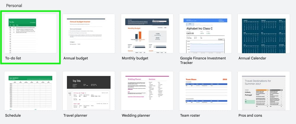 Example of the Google Sheets template gallery, accessing the to do list template
