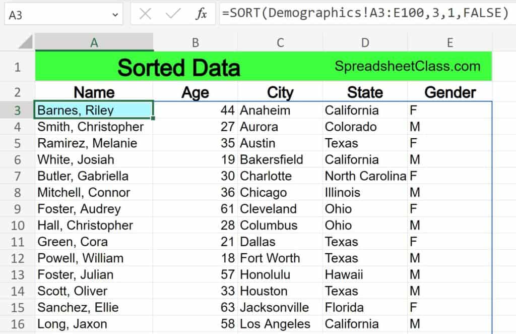 Example of using the Excel SORT function to sort data from another tab example, tab with formula