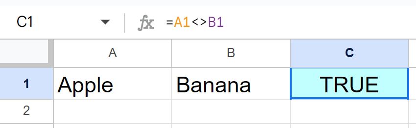 Example to check if cells are not equal by comparing cells with the not equal sign in Google Sheets