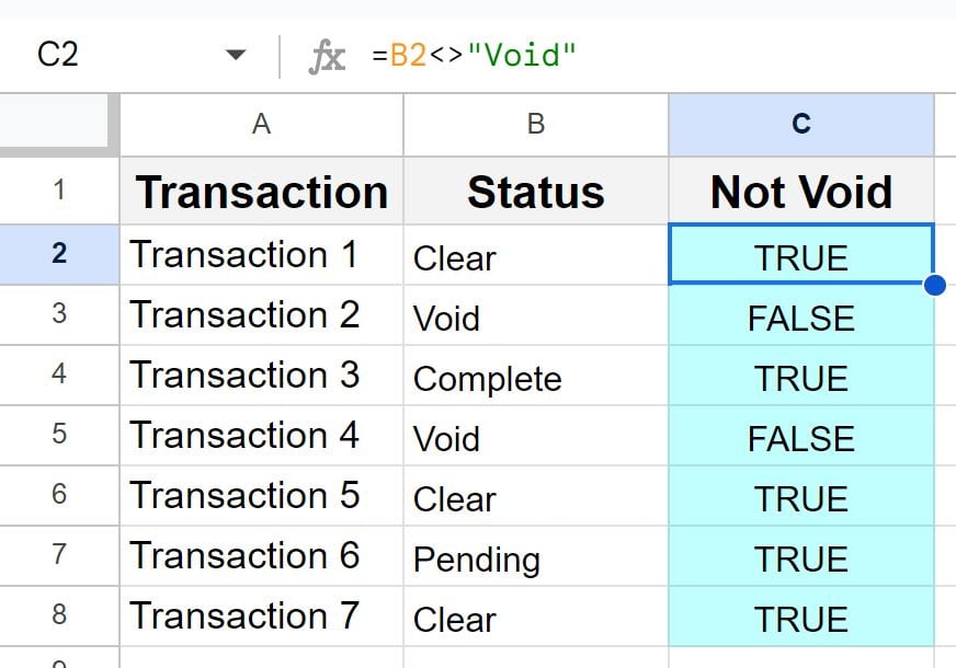 Example to check if text is not equal by comparing text values with the not equal sign in Google Sheets