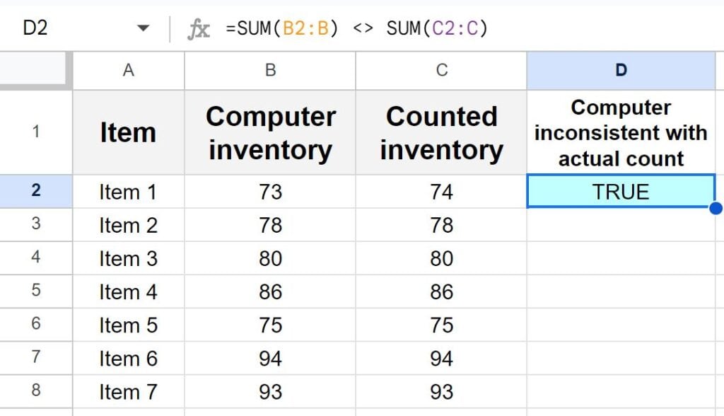 Example of comparing SUM functions with the not equal sign in Google Sheets