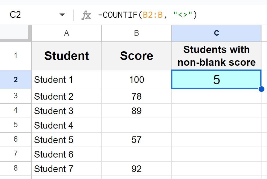 Example of counting if not blank by using the not equal sign with the COUNTIF function in Google Sheets