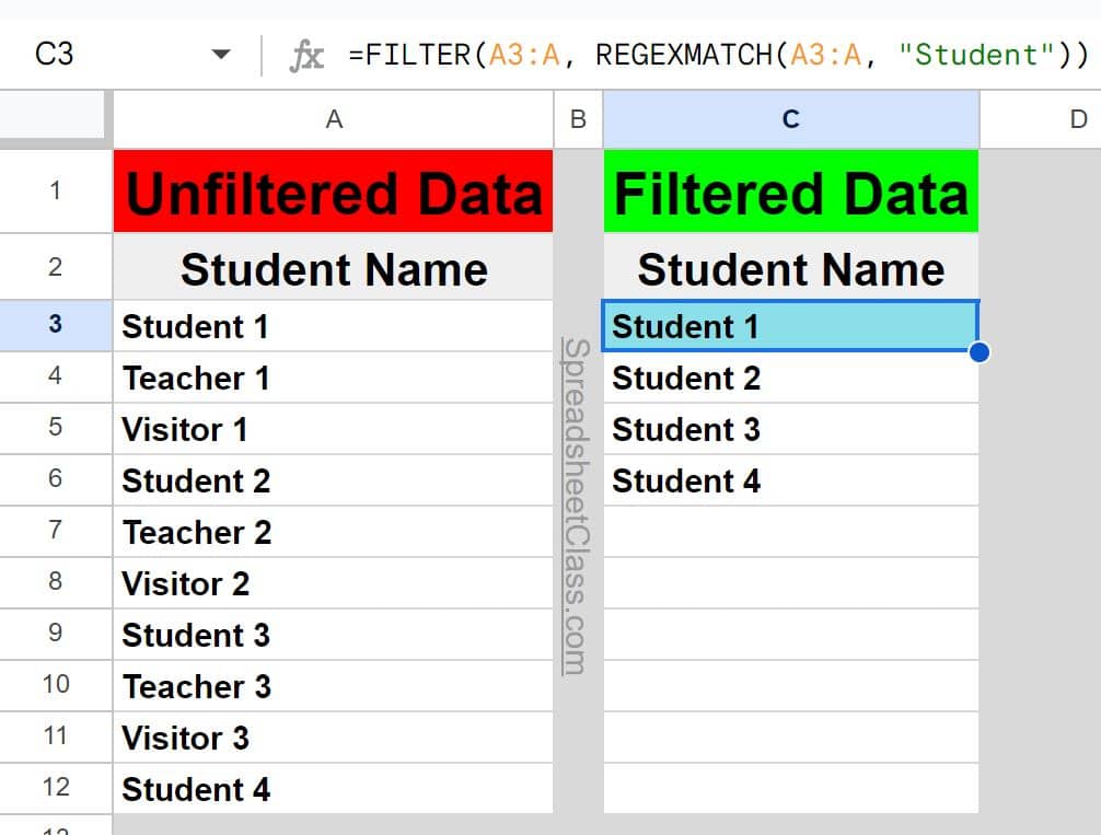 An example of how to filter where contains in Google Sheets