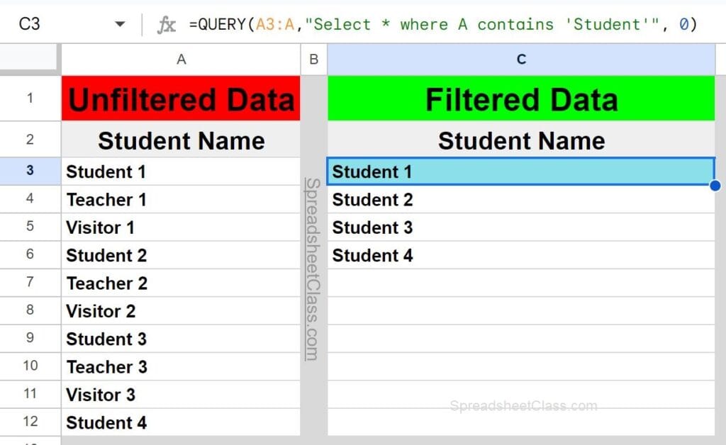 An example of how to filter where contains partial text in Google Sheets QUERY