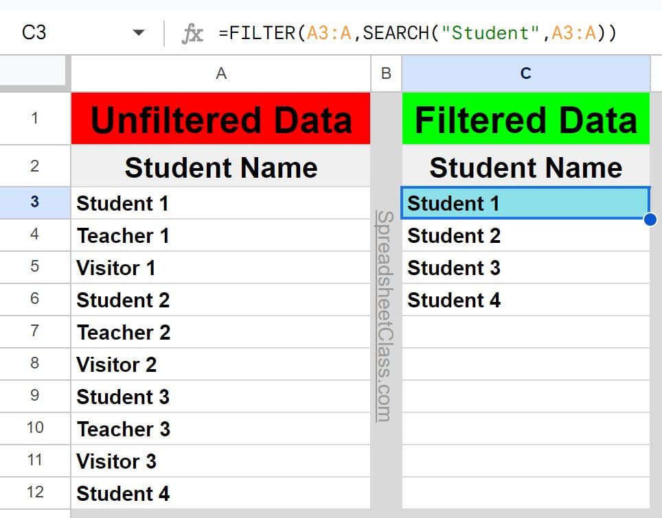 An example of how to filter where contains text in Google Sheets FILTER SEARCH