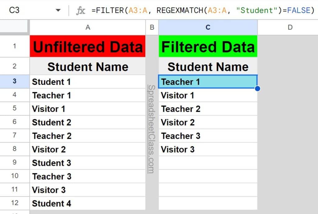 An example of how to filter where does not contain in Google Sheets
