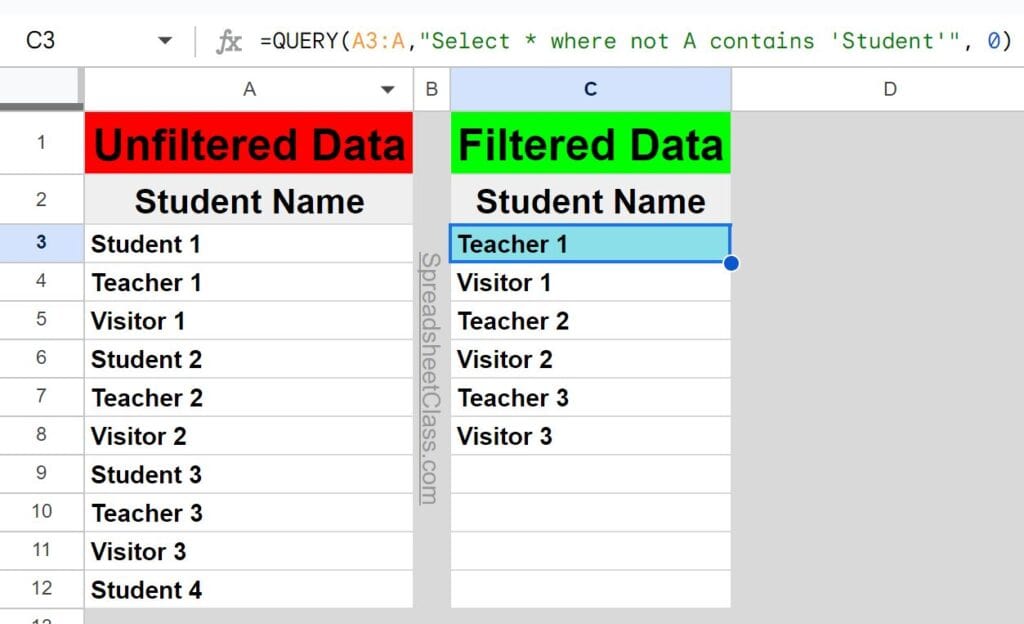 An example of how to filter where does not contain partial text in Google Sheets QUERY